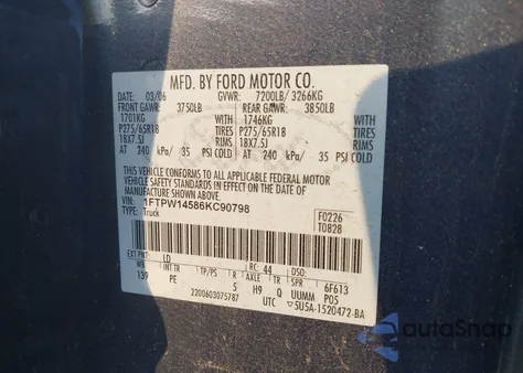 2006 Ford F-150 Fx4/Lariat/Xlt from USA, damaged, VIN 1FTPW14586KC90798